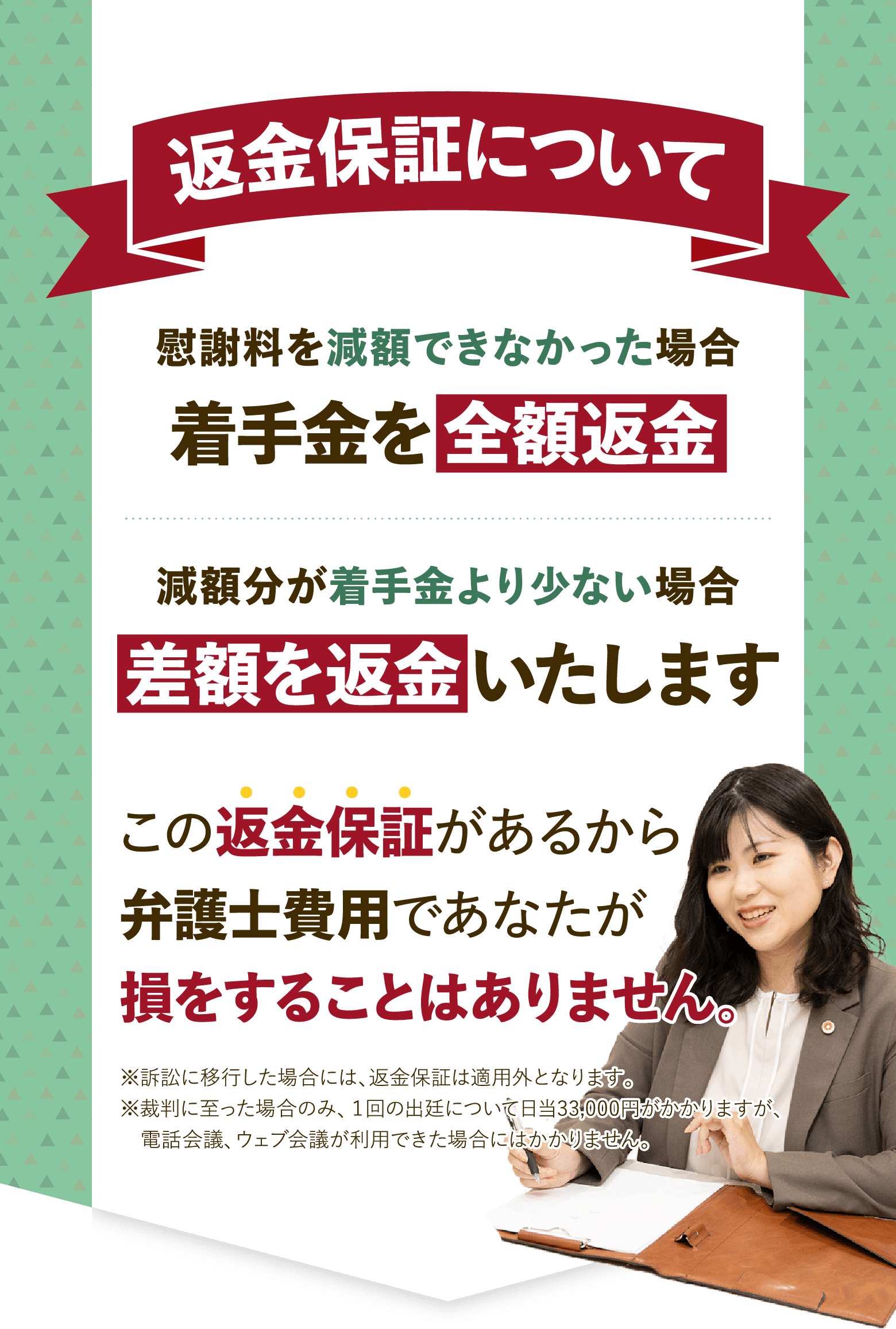 返金保証について 着手金を全額返金 差額を返金